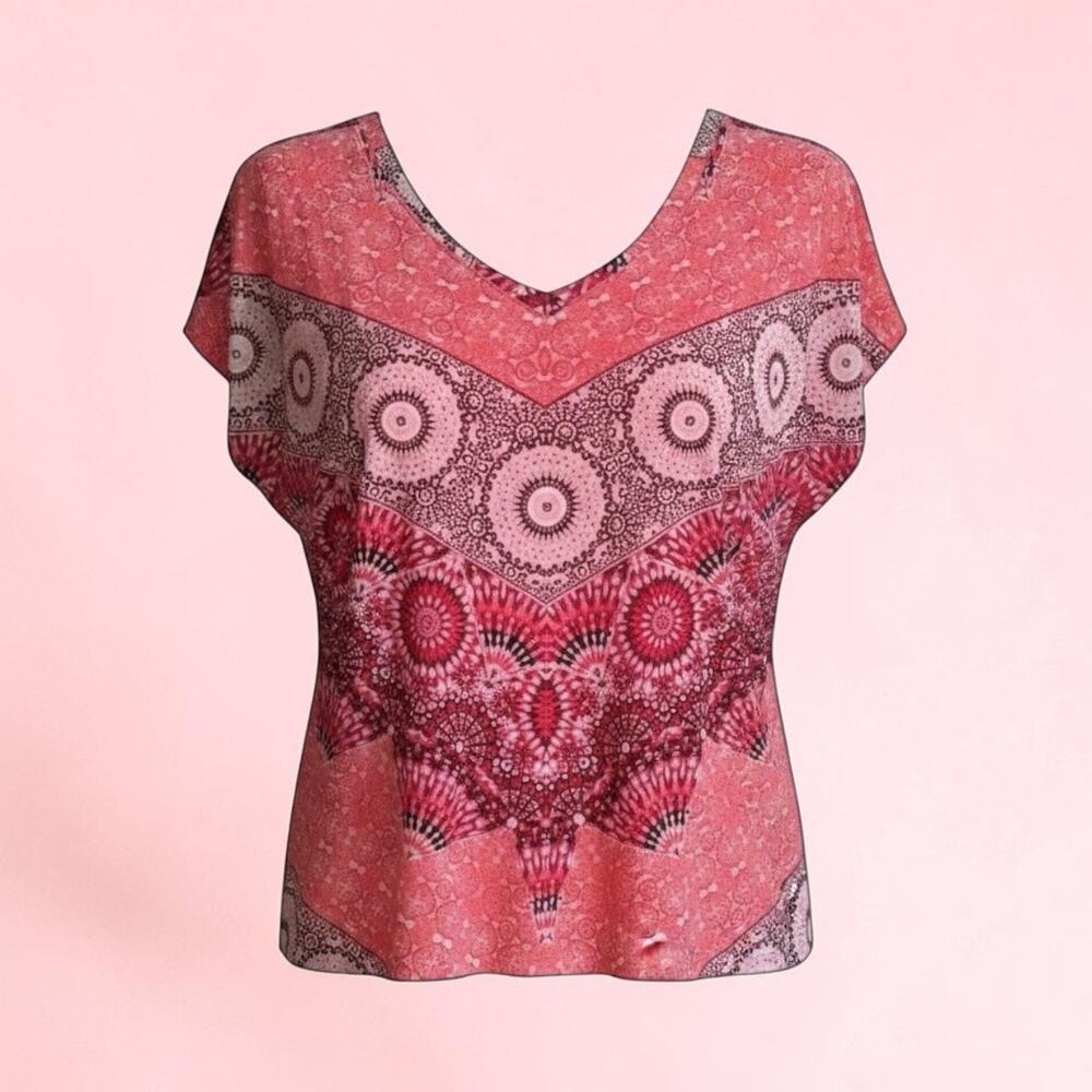 Dana Buchman Red Paisley Mesh Layered V-Neck Top - NWT-Petite Large